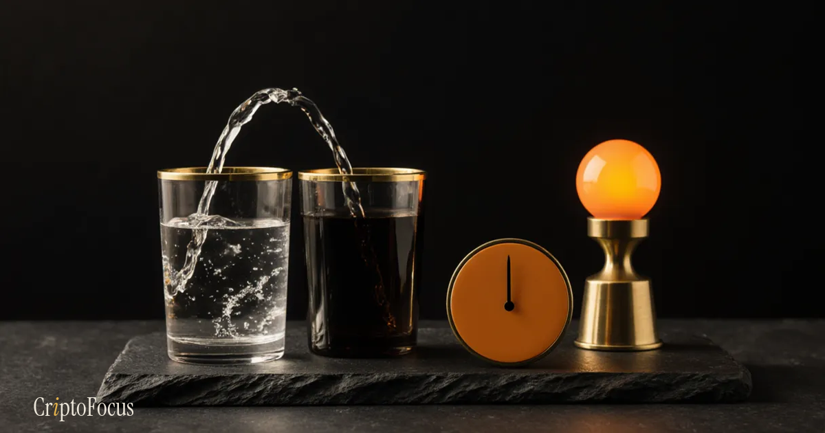Water pouring between two glasses beside a blank amber gauge and a glowing amber warning lamp.