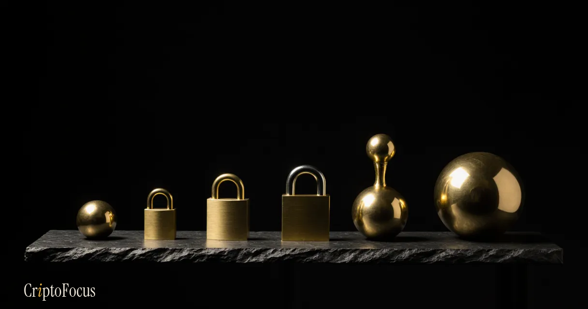 Six polished brass objects in a row on dark slate, growing in size: a small sphere, three padlocks, a weight and a large sphere.